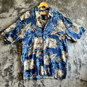 Campia‎ Moda Hawaiian Shirt Mens L Blue Tropical Rayon Button Up Camp Island